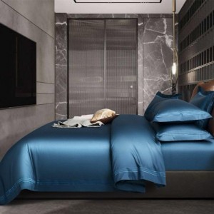 High Count 100% Cotton Embroidery Quilt Cover Bed Sheets Queen Size Navy Blue Bedding Set