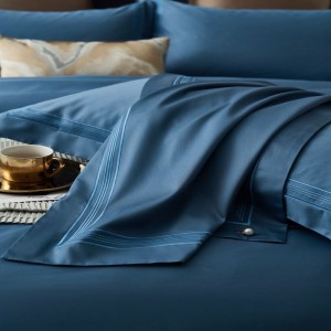 High Count 100% Cotton Embroidery Quilt Cover Bed Sheets Queen Size Navy Blue Bedding Set