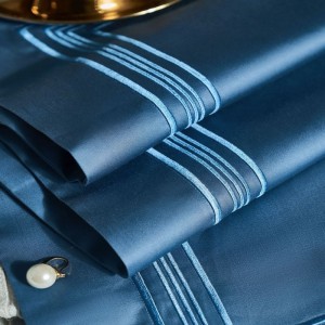 High Count 100% Cotton Embroidery Quilt Cover Bed Sheets Queen Size Navy Blue Bedding Set
