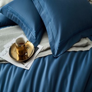 High Count 100% Cotton Embroidery Quilt Cover Bed Sheets Queen Size Navy Blue Bedding Set