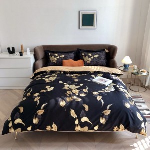 Super Soft Cotton Home Textile Golden Leafs Digital Printing Duvet Comforter Quilt Cover Queen Bed Sheets Deep Blue Bedding Set
