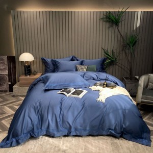 High Grade Embroidery Duvet Quilt Cover 100% Cotton Bed Sheets Navy Blue 4PCS Bedding Set