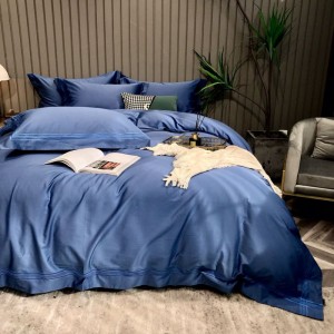 High Grade Embroidery Duvet Quilt Cover 100% Cotton Bed Sheets Navy Blue 4PCS Bedding Set