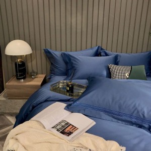 High Grade Embroidery Duvet Quilt Cover 100% Cotton Bed Sheets Navy Blue 4PCS Bedding Set