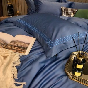 High Grade Embroidery Duvet Quilt Cover 100% Cotton Bed Sheets Navy Blue 4PCS Bedding Set