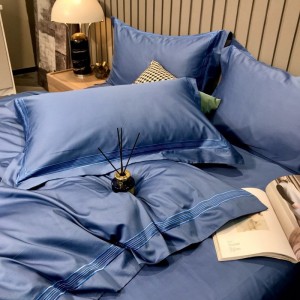 High Grade Embroidery Duvet Quilt Cover 100% Cotton Bed Sheets Navy Blue 4PCS Bedding Set