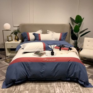 100S Super Soft Sanding Embroidery Quilt Duvet Cover Bed Sheets Blue Bedding Set
