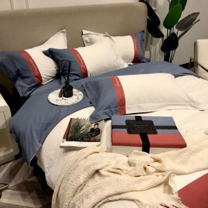 100S Super Soft Sanding Embroidery Quilt Duvet Cover Bed Sheets Blue Bedding Set