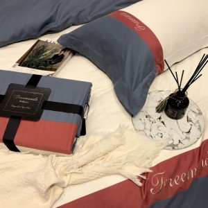 100S Super Soft Sanding Embroidery Quilt Duvet Cover Bed Sheets Blue Bedding Set