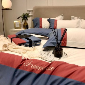 100S Super Soft Sanding Embroidery Quilt Duvet Cover Bed Sheets Blue Bedding Set