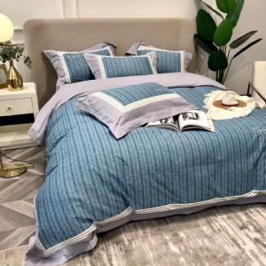 Digital Printing And Embroidery Quilt Cover Queen King Bed Sheets 100S Cotton Blue Bedding Set