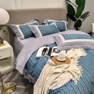 Digital Printing And Embroidery Quilt Cover Queen King Bed Sheets 100S Cotton Blue Bedding Set