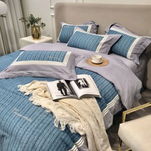Digital Printing And Embroidery Quilt Cover Queen King Bed Sheets 100S Cotton Blue Bedding Set