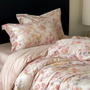 500TC Cotton Floral and Plant Digital Printed Quilt Cover Bed Sheets Pink Four-piece Bedding Set
