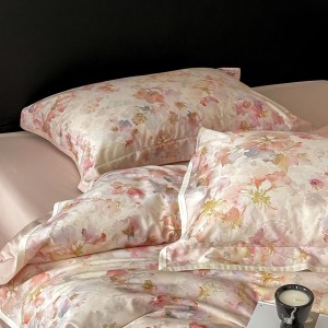 500TC Cotton Floral and Plant Digital Printed Quilt Cover Bed Sheets Pink Four-piece Bedding Set