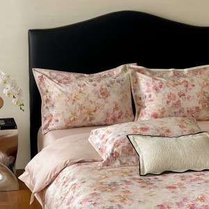 500TC Cotton Floral and Plant Digital Printed Quilt Cover Bed Sheets Pink Four-piece Bedding Set