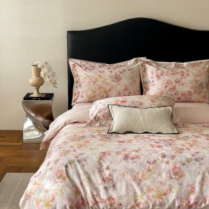 500TC Cotton Floral and Plant Digital Printed Quilt Cover Bed Sheets Pink Four-piece Bedding Set
