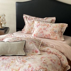 500TC Cotton Floral and Plant Digital Printed Quilt Cover Bed Sheets Pink Four-piece Bedding Set