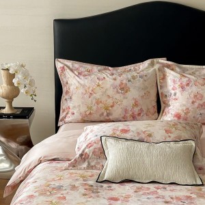 500TC Cotton Floral and Plant Digital Printed Quilt Cover Bed Sheets Pink Four-piece Bedding Set