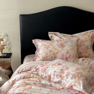 500TC Cotton Floral and Plant Digital Printed Quilt Cover Bed Sheets Pink Four-piece Bedding Set