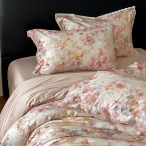 500TC Cotton Floral and Plant Digital Printed Quilt Cover Bed Sheets Pink Four-piece Bedding Set