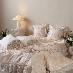 140S Long Staple Cotton Floral Embroidery Quilt Duvet Cover Pink Bed Sheets 4PCS Lace Edge Bedding Set