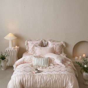 140S Long Staple Cotton Floral Embroidery Quilt Duvet Cover Pink Bed Sheets 4PCS Lace Edge Bedding Set