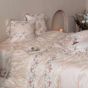 140S Long Staple Cotton Floral Embroidery Quilt Duvet Cover Pink Bed Sheets 4PCS Lace Edge Bedding Set