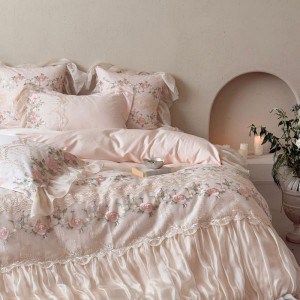 140S Long Staple Cotton Floral Embroidery Quilt Duvet Cover Pink Bed Sheets 4PCS Lace Edge Bedding Set