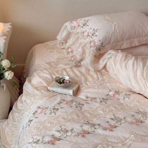 140S Long Staple Cotton Floral Embroidery Quilt Duvet Cover Pink Bed Sheets 4PCS Lace Edge Bedding Set