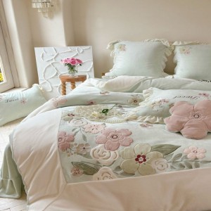 260g Milk Velvet Floral Plant Embroidery Duvet Comforter Quilt Cover Baby Fleece Bed Sheets Light Green Queen King Bedding Set