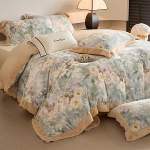 Milk Velvet Floral Digital Printed Quilt Cover 4PCS Bed Sheets Bedding Set