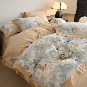 Milk Velvet Floral Digital Printed Quilt Cover 4PCS Bed Sheets Bedding Set