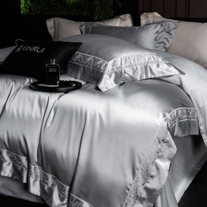 Hot selling 4-pieces home hotel textile grey jacquard pillowcases solid color bedsheets lyocell bedding set