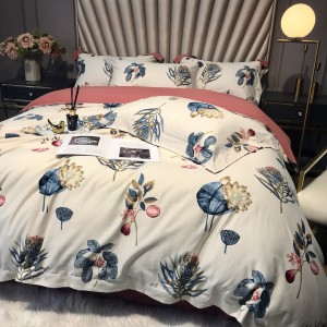 300TC Double-strand Satin Home Textile Cozy Bed Sheets Brushed Digital Printed Quilt Cover Four Piece Bedding Set
