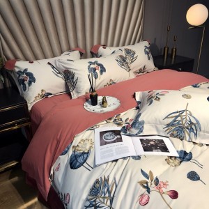 300TC Double-strand Satin Home Textile Cozy Bed Sheets Brushed Digital Printed Quilt Cover Four Piece Bedding Set