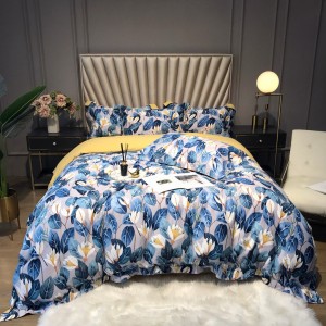 Blue Floral Plant Digital Printed Quilt Cover Bed Sheets 60S Cotton Bedding Set