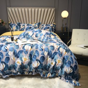 Blue Floral Plant Digital Printed Quilt Cover Bed Sheets 60S Cotton Bedding Set