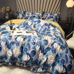 Blue Floral Plant Digital Printed Quilt Cover Bed Sheets 60S Cotton Bedding Set