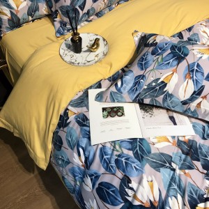 Blue Floral Plant Digital Printed Quilt Cover Bed Sheets 60S Cotton Bedding Set