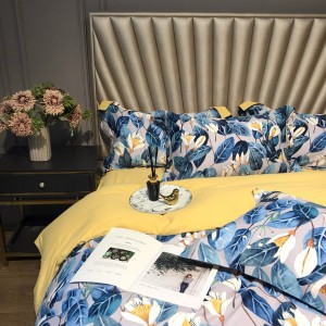 Blue Floral Plant Digital Printed Quilt Cover Bed Sheets 60S Cotton Bedding Set