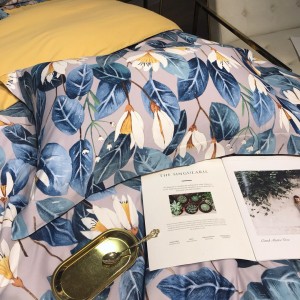 Blue Floral Plant Digital Printed Quilt Cover Bed Sheets 60S Cotton Bedding Set