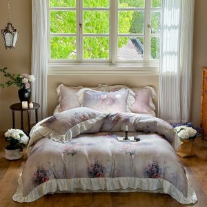 French purple quilt cover lace fitted sheets flat sheet lyocell digital printing home textile 4-pieces bedding set supplier