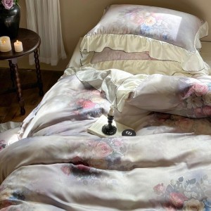 French purple quilt cover lace fitted sheets flat sheet lyocell digital printing home textile 4-pieces bedding set supplier