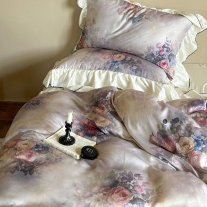 French purple quilt cover lace fitted sheets flat sheet lyocell digital printing home textile 4-pieces bedding set supplier