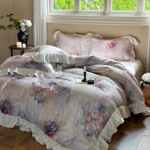 French purple quilt cover lace fitted sheets flat sheet lyocell digital printing home textile 4-pieces bedding set supplier