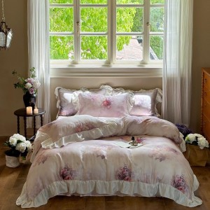 French purple quilt cover lace fitted sheets flat sheet lyocell digital printing home textile 4-pieces bedding set supplier