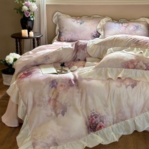 French purple quilt cover lace fitted sheets flat sheet lyocell digital printing home textile 4-pieces bedding set supplier