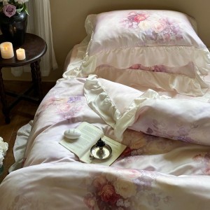French purple quilt cover lace fitted sheets flat sheet lyocell digital printing home textile 4-pieces bedding set supplier
