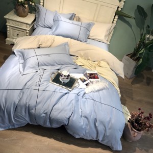300TC Stain Cotton Brushed Embroidery Duvet Cover Blue Bed Sheets Bedding Set